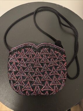 Vintage Beaded Black Crossbody Bag with Pink Accent